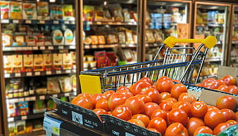 Fresh Tomatoes in Shopping Cart at Supermarket