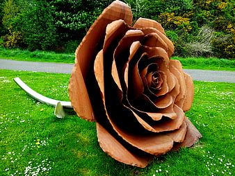 Giant rusted metal rose sculpture in a green park