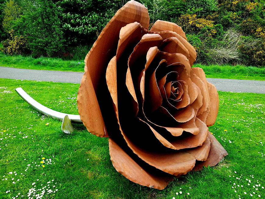 Giant rusted metal rose sculpture in a green park
