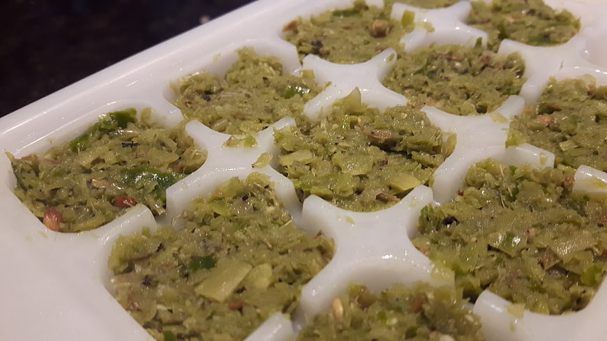 Homemade Thai green curry paste in ice cube tray