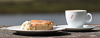 Apple Cake Slice with Coffee Cup on Wooden Table