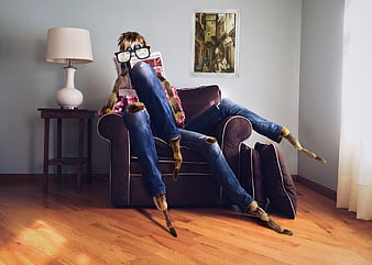 Creative Concept of Multiple Legs on a Person Reading a Magazine