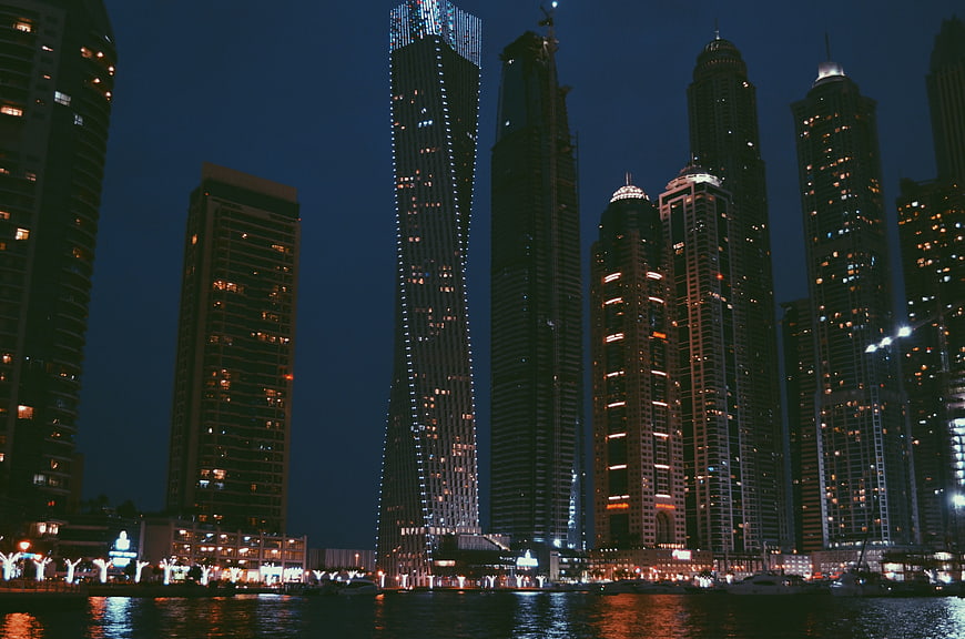 Night Skyline of Modern Skyscrapers and Marina