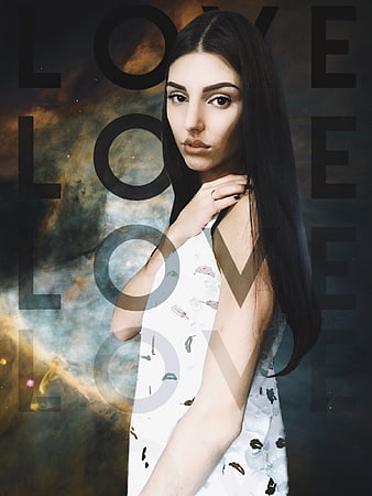 Portrait of young woman with galaxy background and text overlay