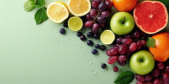Fresh Assorted Fruits and Berries on Mint Green Background