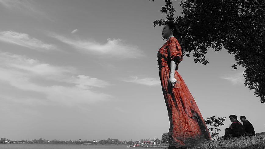 Woman in Red Dress Standing by Lake in Black and White
