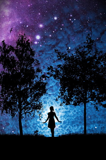 Silhouette of Girl Under Starry Night Sky
