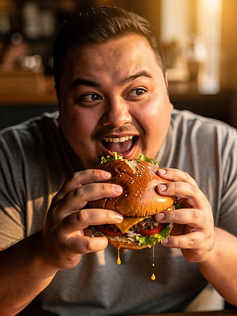 Man Eating Juicy Cheeseburger with Melted Cheese