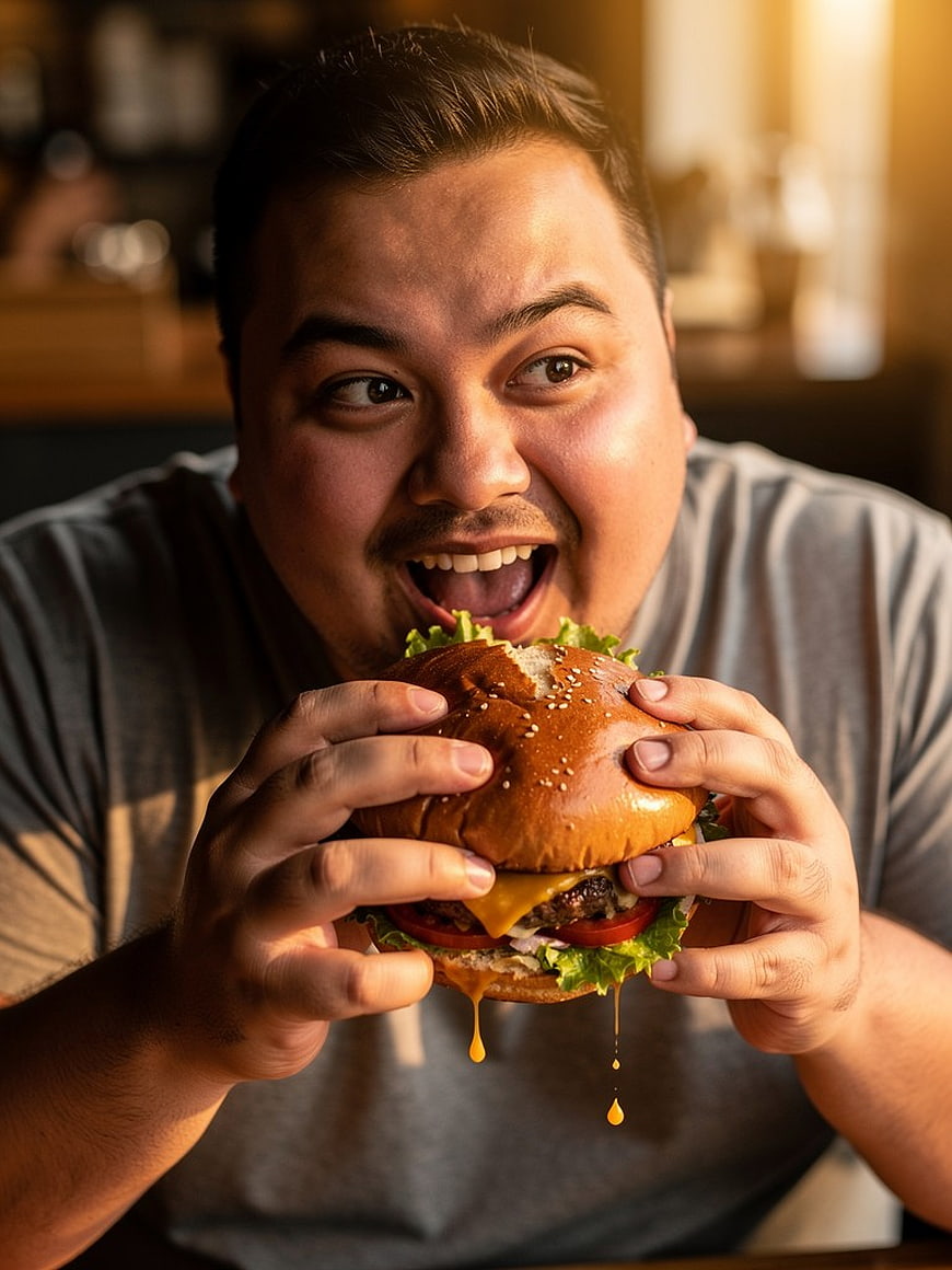 Man Eating Juicy Cheeseburger with Melted Cheese