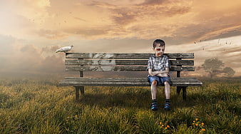 Lonely Boy Sitting on Bench in Field at Sunset