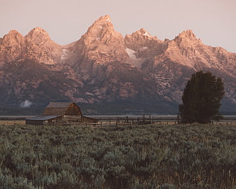Mormon Row Barn with Grand Teton Mountains at Sunset