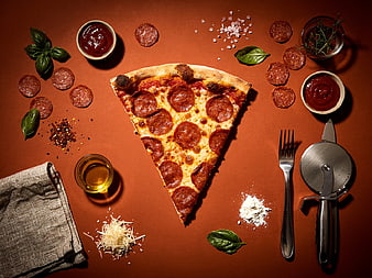 Pepperoni Pizza Slice Flat Lay with Ingredients and Cutlery