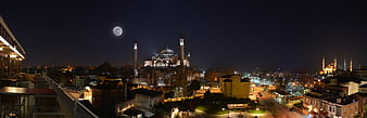Panoramic Night View of Hagia Sophia and Istanbul Skyline with Moon