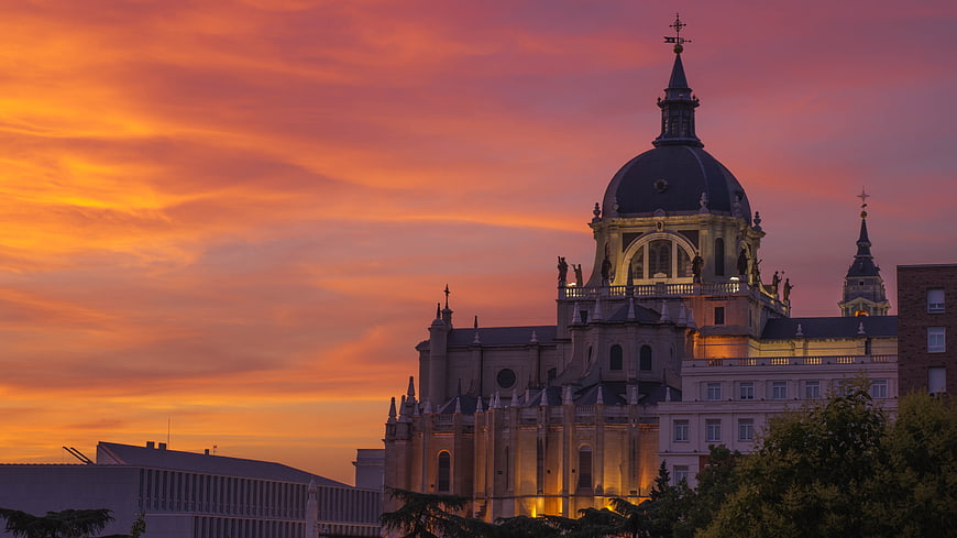 Almudena Cathedral Madrid Sunset Skyline