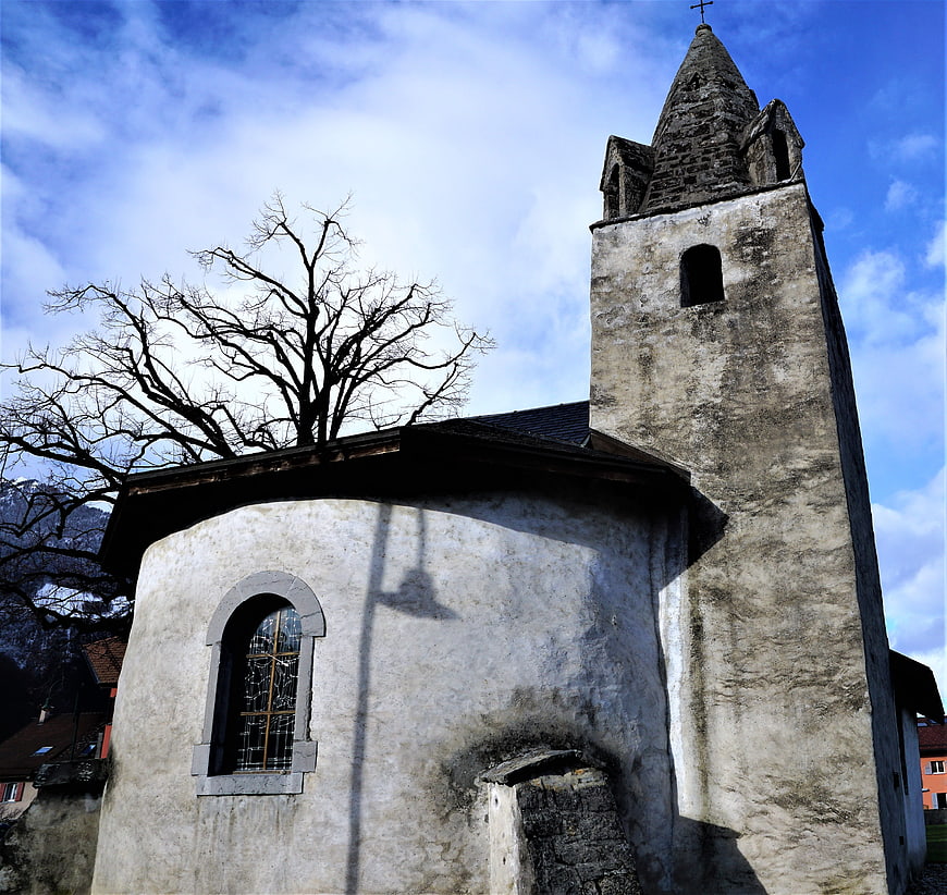 Old stone church tower in Vouvry, Switzerland