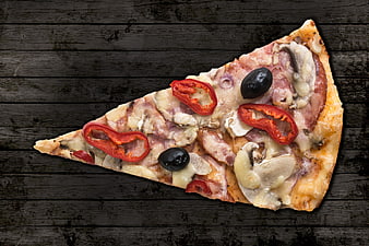 Single Pizza Slice With Toppings On Dark Rustic Wooden Table