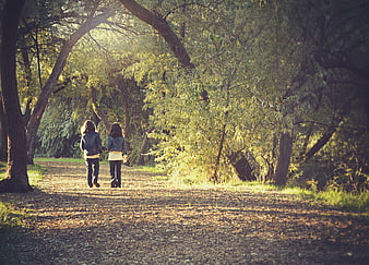 Two girls walking away on a sunlit autumn forest path