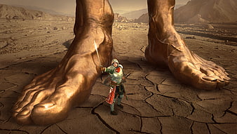 Fantasy Knight Standing Before Giant Bronze Feet in Desert
