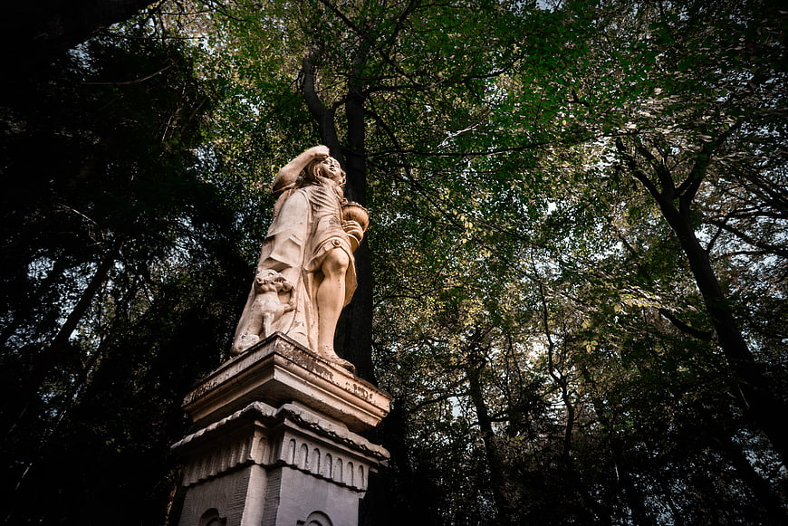 Low angle view of stone saint statue in forest