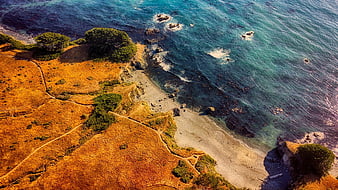 Aerial View of Golden California Coastline and Turquoise Ocean