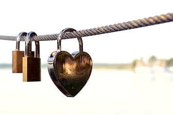 Heart-Shaped Love Locks Hanging on a Cable Against a Blurred Background