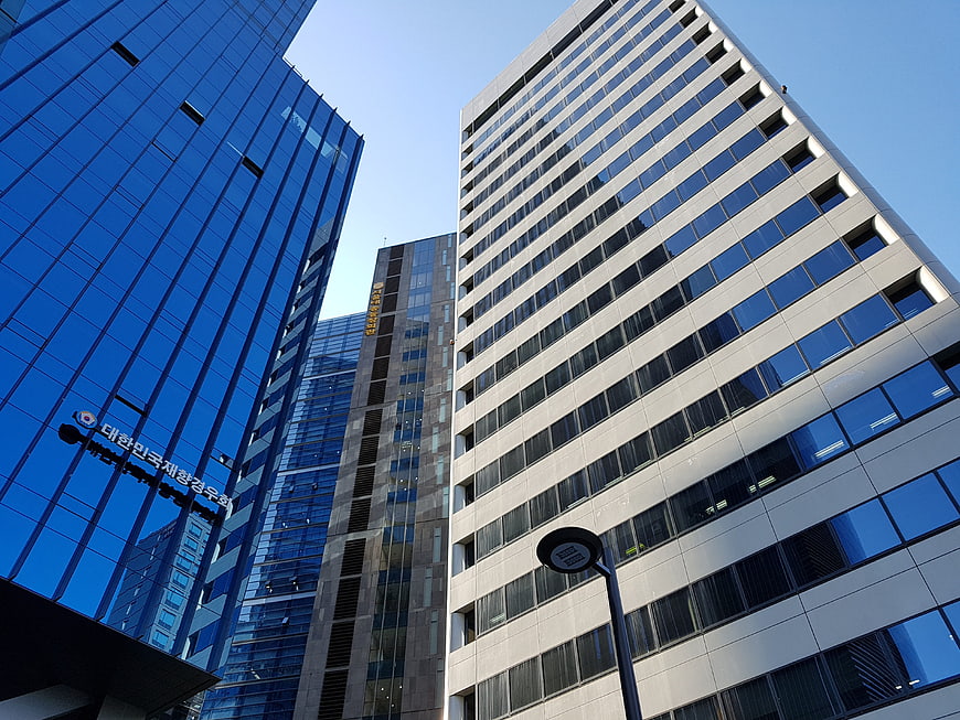 Low angle view of modern glass skyscrapers in Seoul