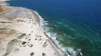 Aerial View of Sandy Coastline Meeting Deep Blue Ocean
