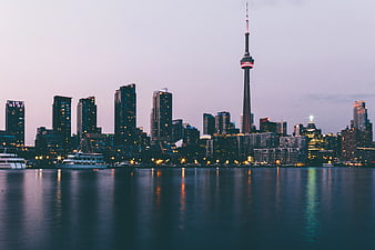 Toronto Skyline at Dusk with CN Tower and Water Reflections