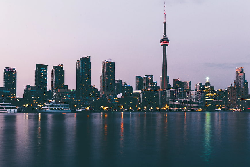 Toronto Skyline at Dusk with CN Tower and Water Reflections