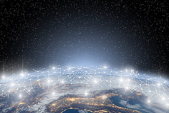 Global digital network connection over earth at night