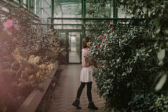 Woman in pink sweater walking through lush greenhouse garden