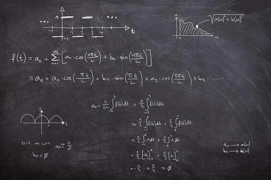 Fourier Series Mathematical Formulas Written In White Chalk On Blackboard