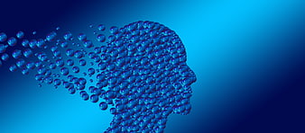 Blue 3D Head Dissolving into Spheres Concept