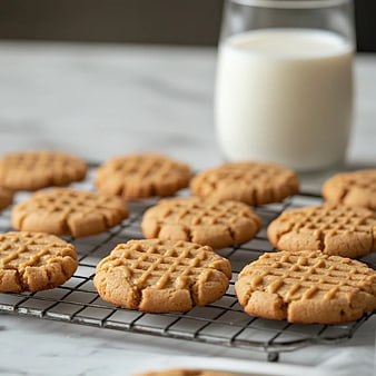 Freshly Baked Peanut Butter Cookies on Cooling Rack with Milk