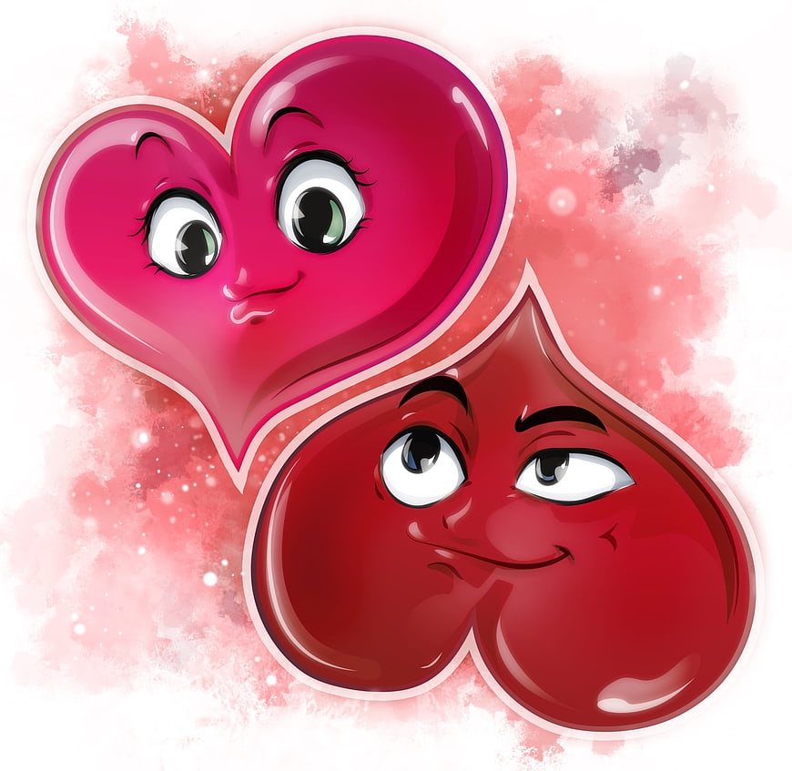 Cute cartoon heart couple with faces on pink background