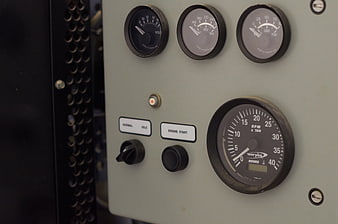 Close-up of vintage industrial control panel with gauges