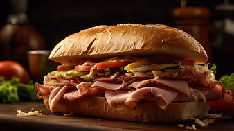 Close-up of a stacked deli ham sandwich on wooden board