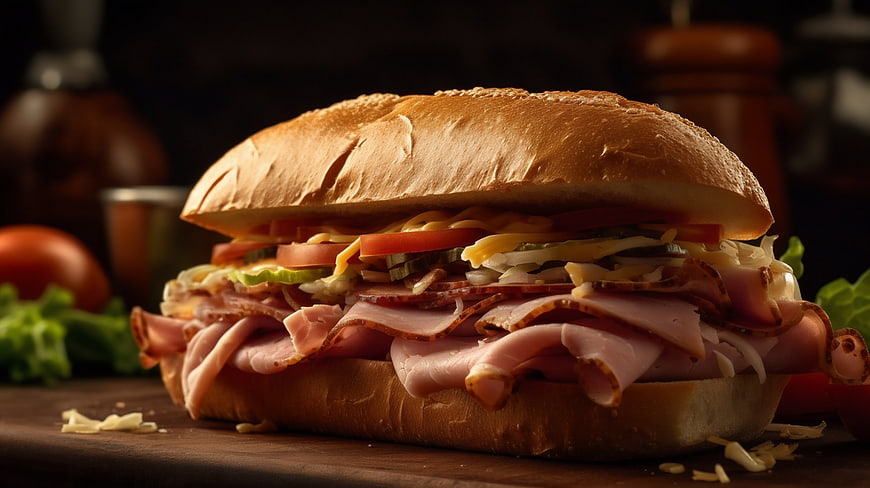 Close-up of a stacked deli ham sandwich on wooden board