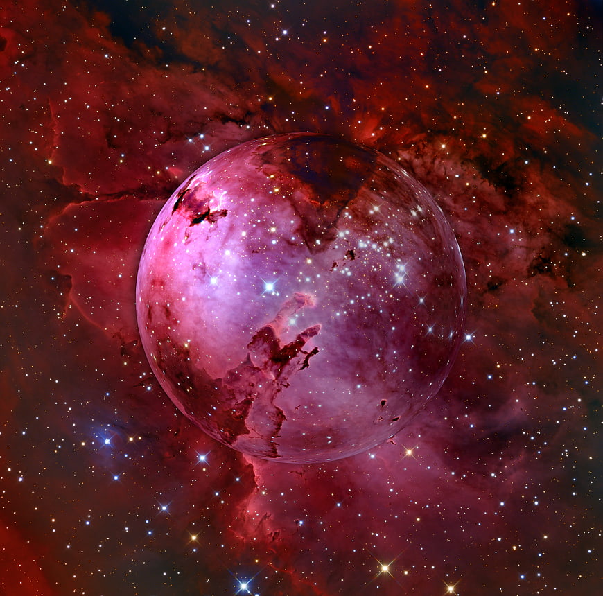 Mystical Pink Planet in Red Nebula Space Background