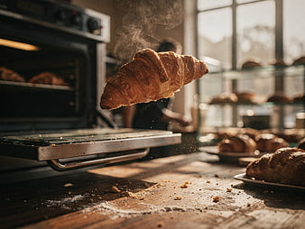 Freshly Baked Croissant Floating in Bakery