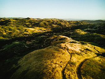 Aerial View of Golden Hills and Winding Trails at Sunset