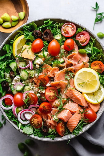 Overhead View of Fresh Smoked Salmon Salad with Vegetables