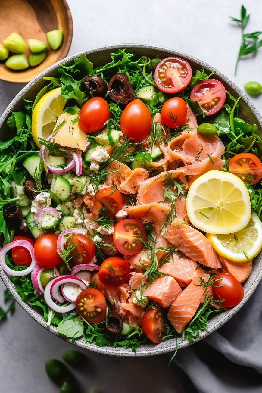 Overhead View of Fresh Smoked Salmon Salad with Vegetables