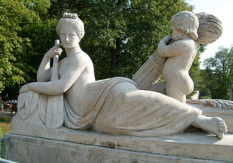 Classical Marble Sculpture of Woman and Child in Park