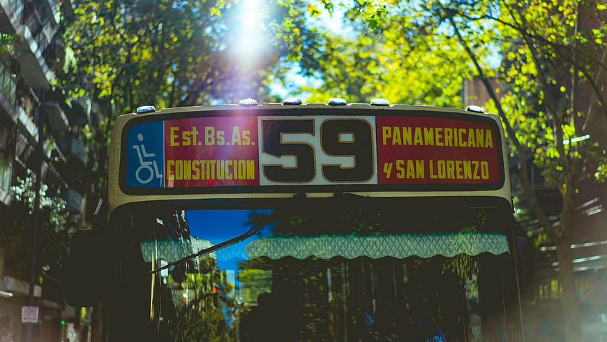 Front view of city bus number 59 with route sign