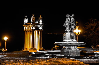 Winter Night View of Palace Embankment Monument in St. Petersburg