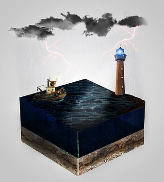 Conceptual 3D Cube with Stormy Sea, Lighthouse, and Fishing Boat