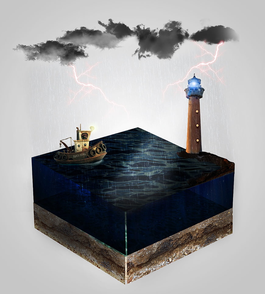 Conceptual 3D Cube with Stormy Sea, Lighthouse, and Fishing Boat