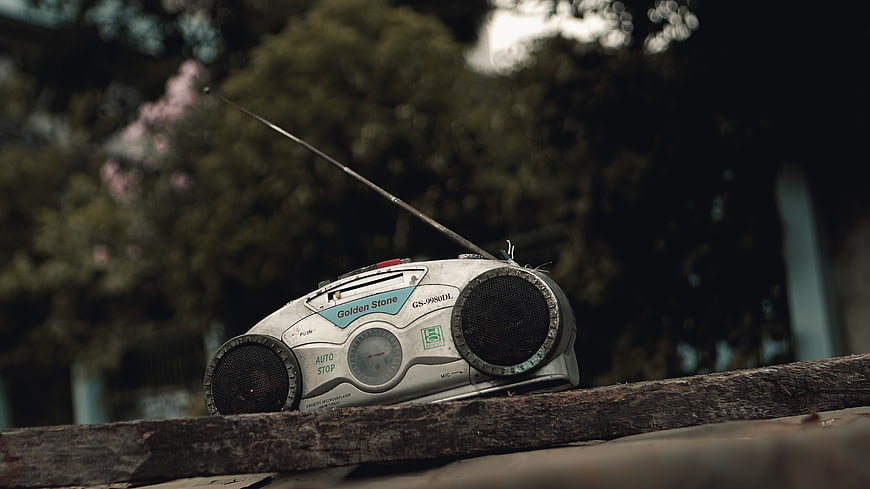 Vintage Golden Stone Cassette Radio on Wooden Log