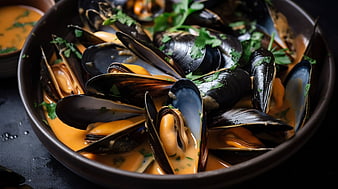 Creamy Mussels in Orange Sauce with Parsley Garnish